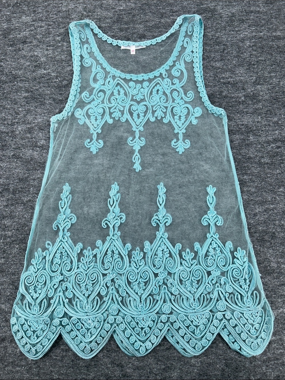 Pretty Angel Aqua Lace Sheer Tunic Tank Top Silk Blend Wide Strap Size Medium - Picture 5 of 7